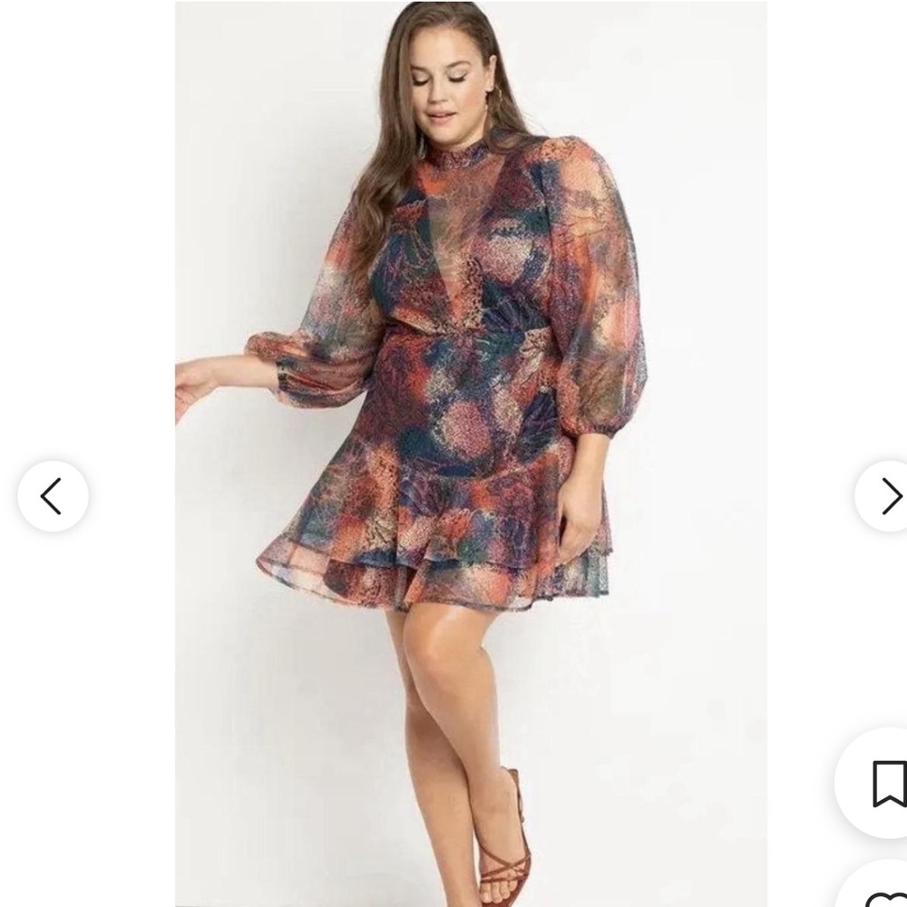 NWT Eloquii Blue & Orange Plunge Sheer Long-Sleeve Mini Dress